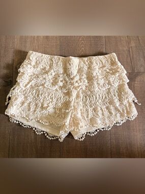 Cream Crochet Lace High-Waist Shorts